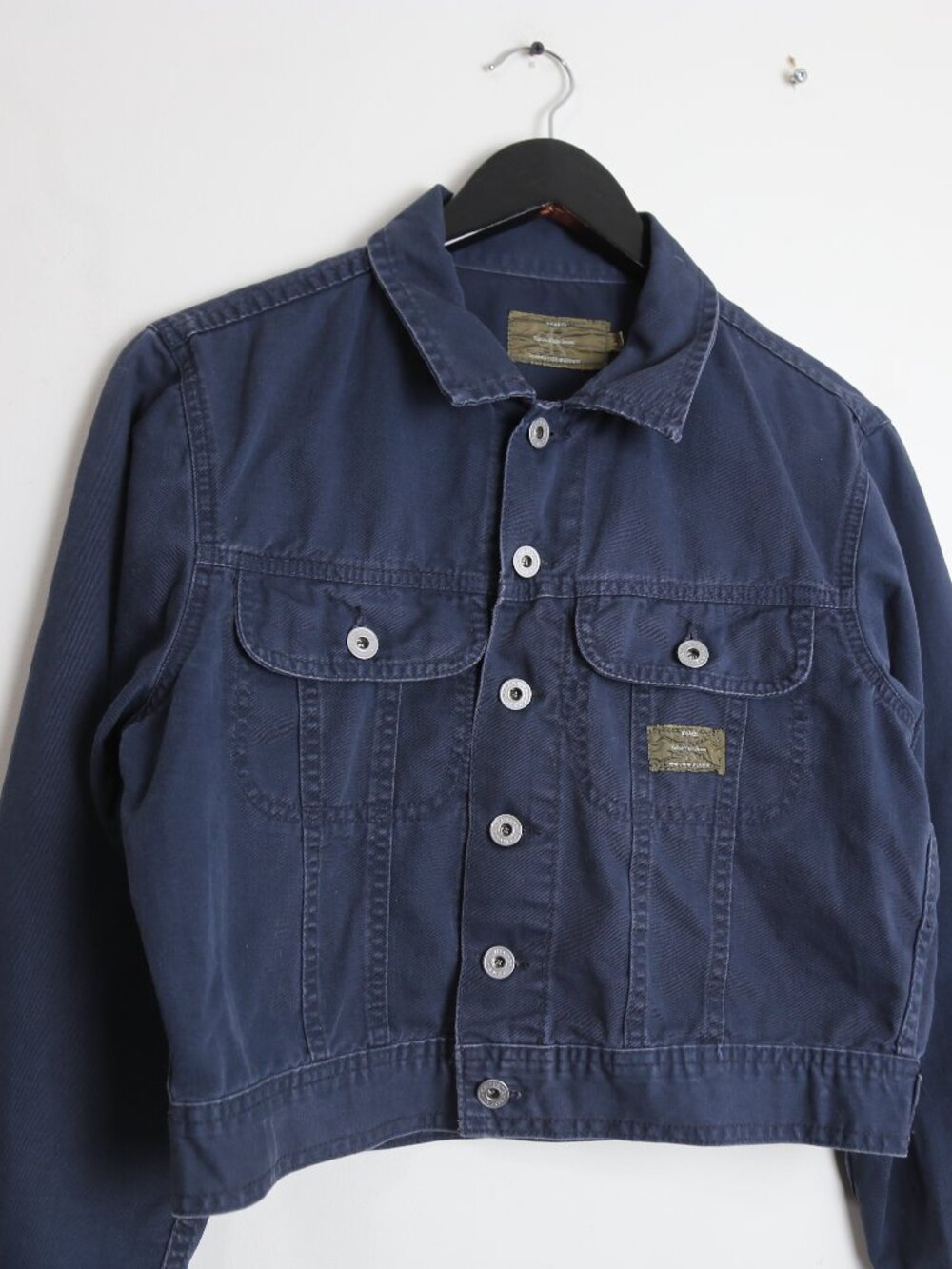 Calvin Klein Jeans Vintage Cropped Dark Blue Khakis Military Jacket Size Large - Picture 2 of 7